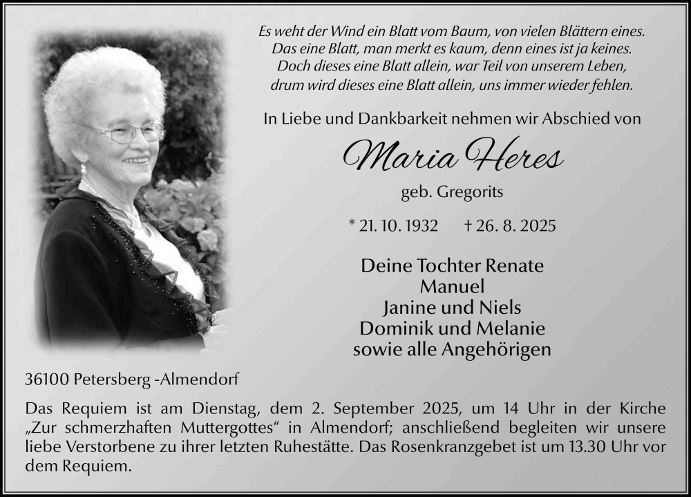  Traueranzeige für Maria Heres vom 30.08.2025 aus FZ