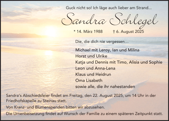 Traueranzeige von Sandra Schlegel von FZ
