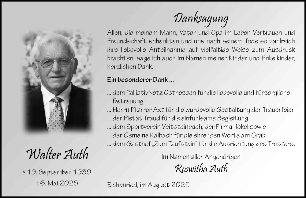  Traueranzeige für Walter Auth vom 23.08.2025 aus FZ