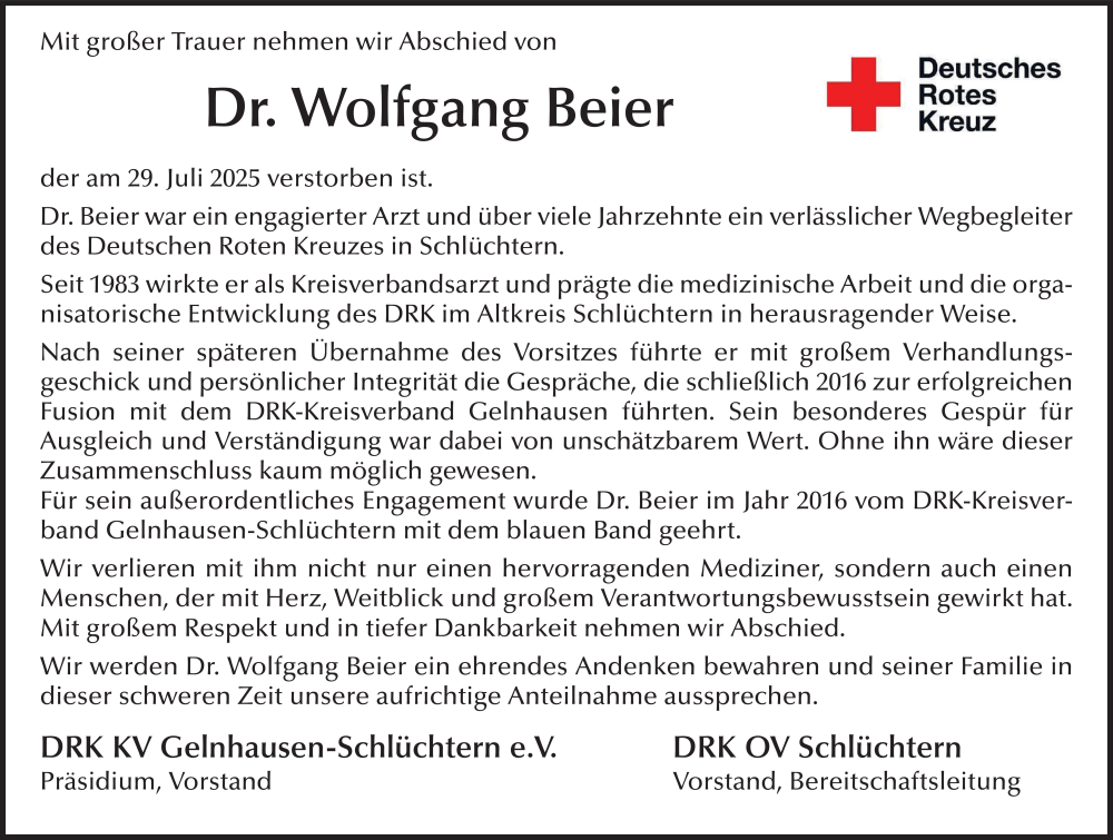  Traueranzeige für Wolfgang Beier vom 06.08.2025 aus FZ