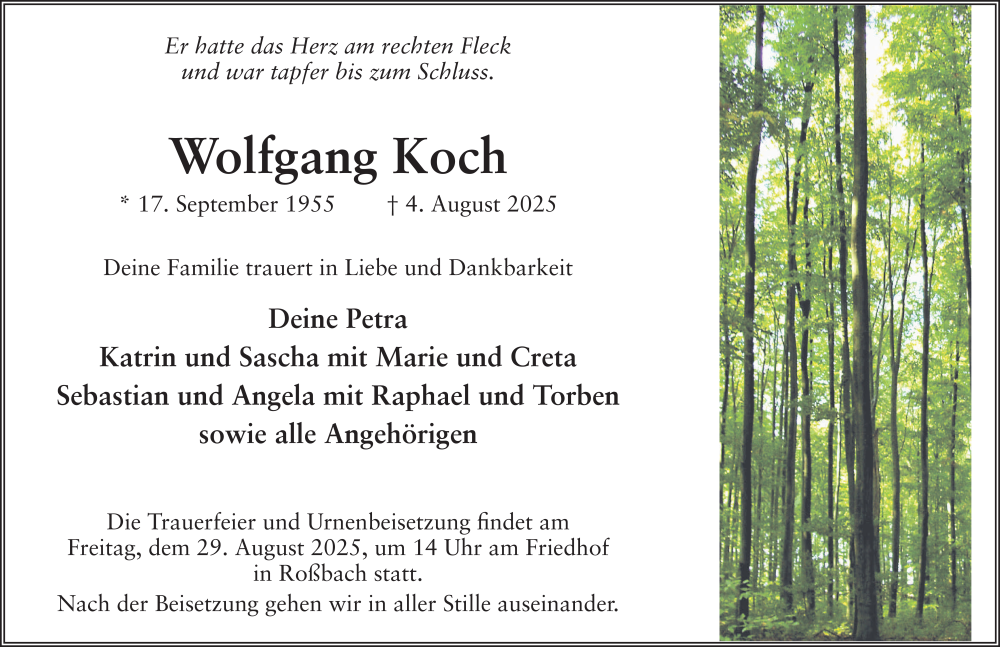  Traueranzeige für Wolfgang Koch vom 22.08.2025 aus FZ