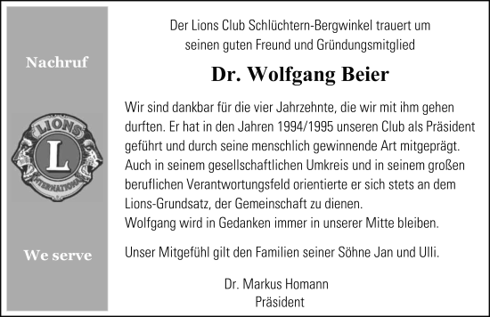 Traueranzeige von Wolfgang Alexander Beier von FZ