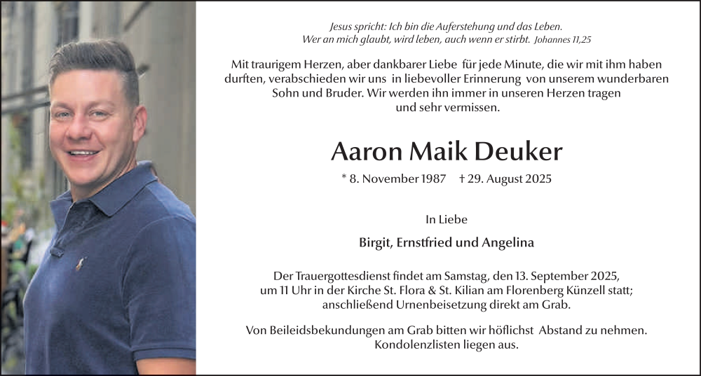  Traueranzeige für Aaron Deuker vom 11.09.2025 aus FZ