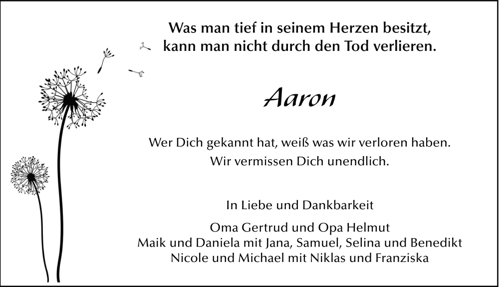  Traueranzeige für Aaron Deuker vom 11.09.2025 aus FZ