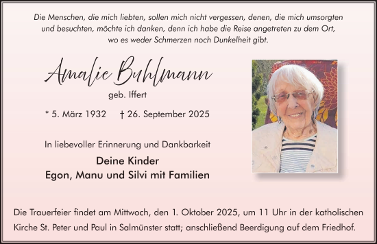 Traueranzeige von Amalie Buhlmann von FZ