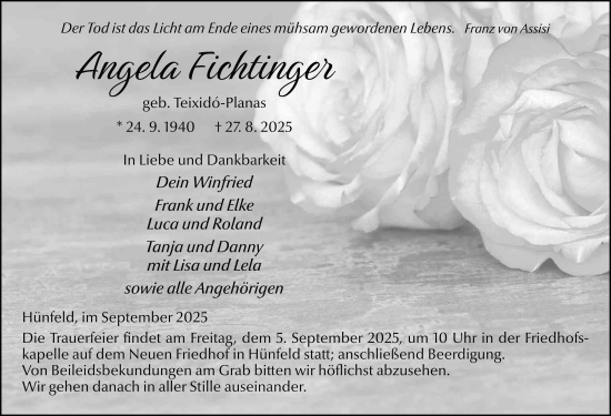 Traueranzeige von Angela Fichtinger von FZ