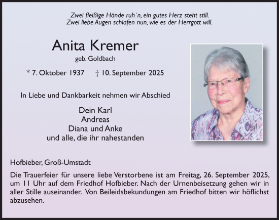 Traueranzeige von Anita Kremer von FZ