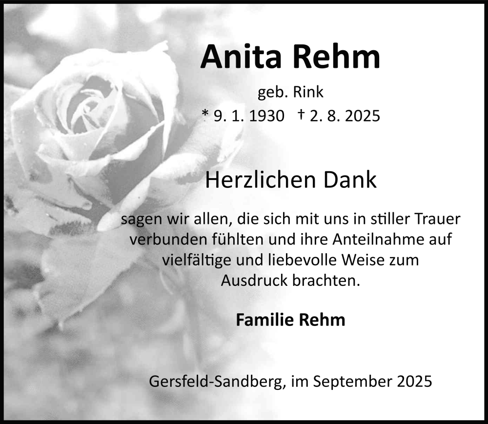  Traueranzeige für Anita Rehm vom 12.09.2025 aus FZ
