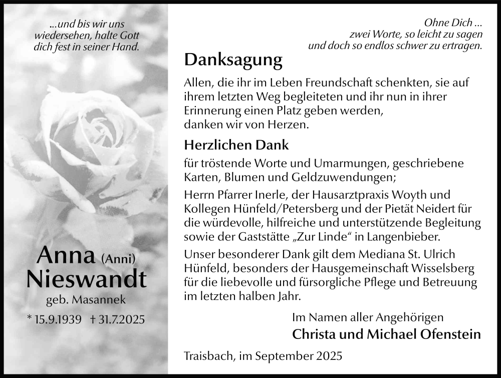  Traueranzeige für Anna Nieswandt vom 06.09.2025 aus FZ