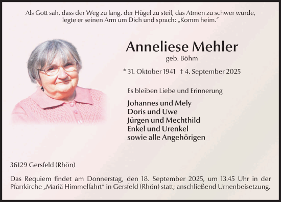 Traueranzeige von Anneliese Mehler von FZ