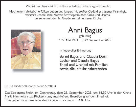 Traueranzeige von Anni Bagus von FZ