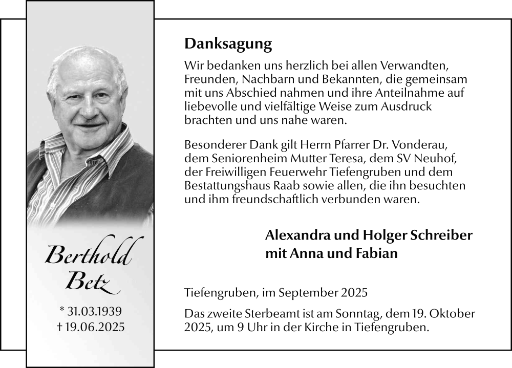  Traueranzeige für Berthold Betz vom 13.09.2025 aus FZ