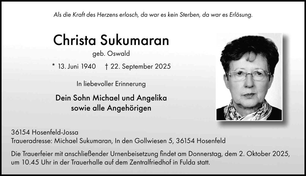  Traueranzeige für Christa Sukumaran vom 27.09.2025 aus FZ