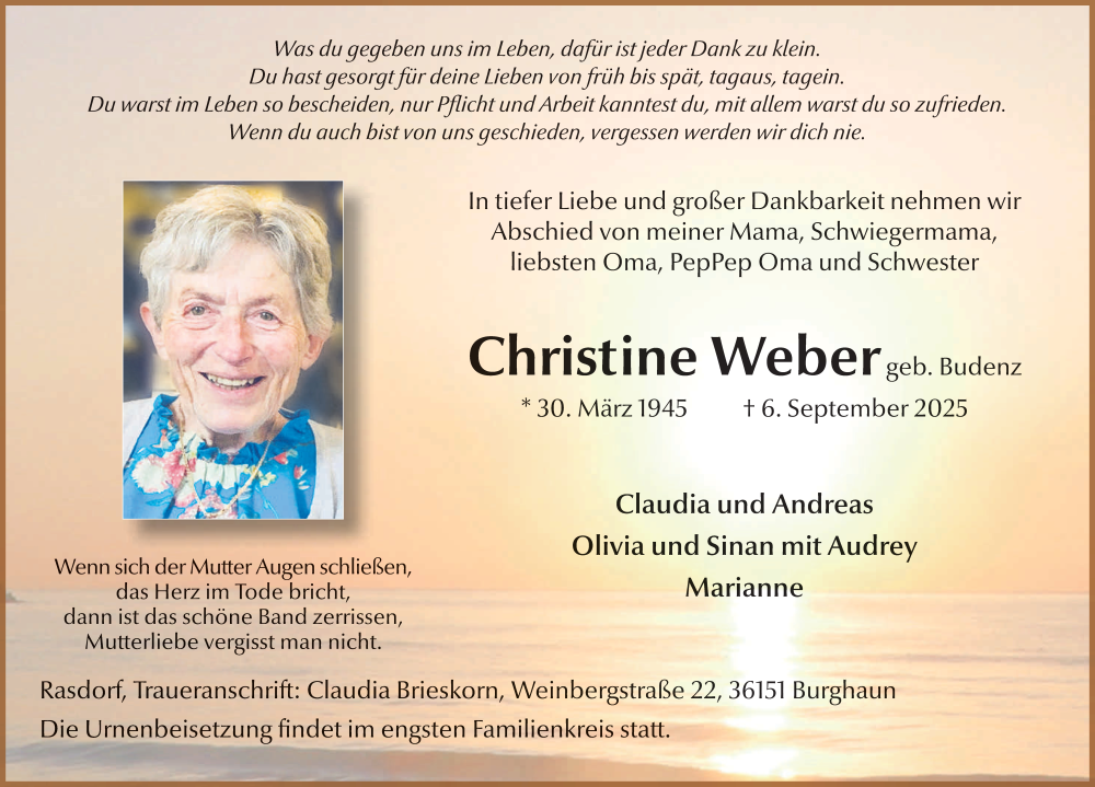  Traueranzeige für Christine Weber vom 20.09.2025 aus FZ