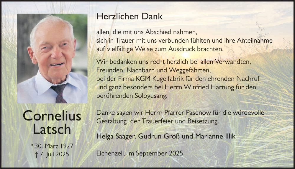  Traueranzeige für Cornelius Latsch vom 13.09.2025 aus FZ
