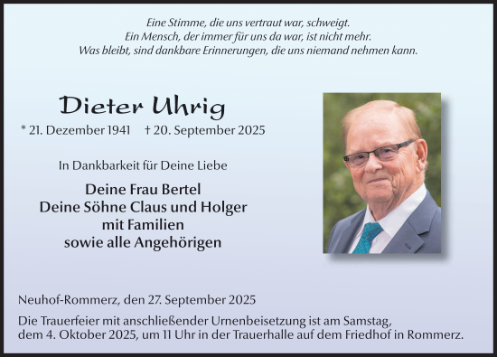 Traueranzeige von Dieter Uhrig von FZ