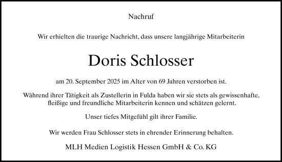 Traueranzeige von Doris Schlosser von FZ