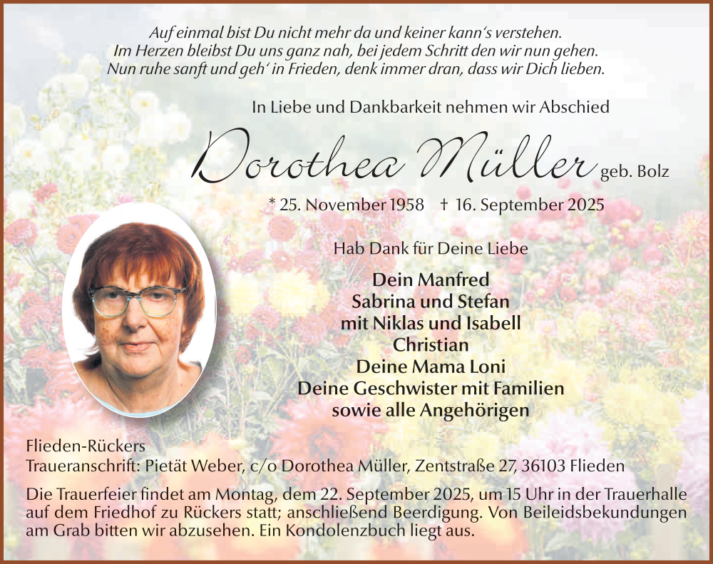  Traueranzeige für Dorothea Müller vom 19.09.2025 aus FZ