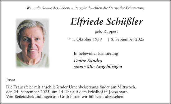 Traueranzeige von Elfriede Schüßler von FZ