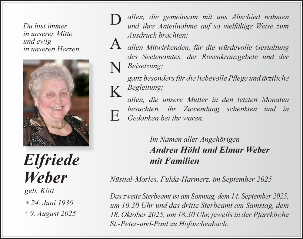  Traueranzeige für Elfriede Weber vom 10.09.2025 aus FZ