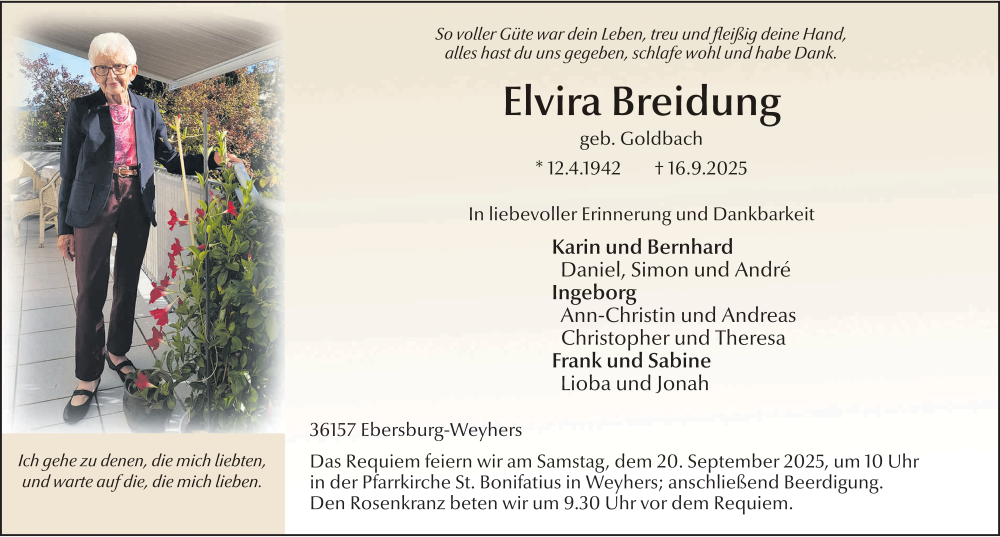  Traueranzeige für Elvira Breidung vom 18.09.2025 aus FZ