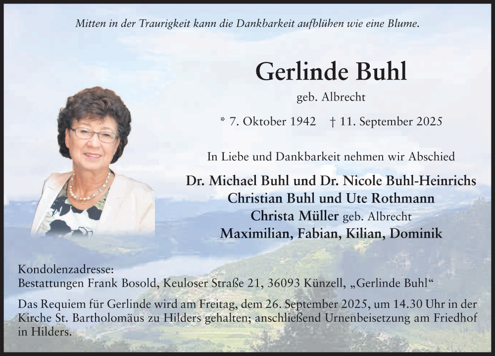  Traueranzeige für Gerlinde Buhl vom 19.09.2025 aus FZ