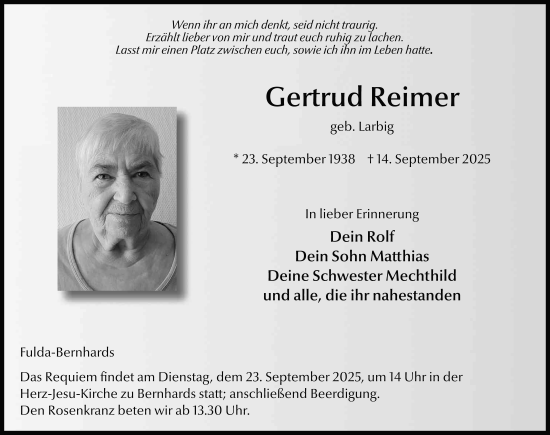 Traueranzeige von Gertrud Reimer von FZ