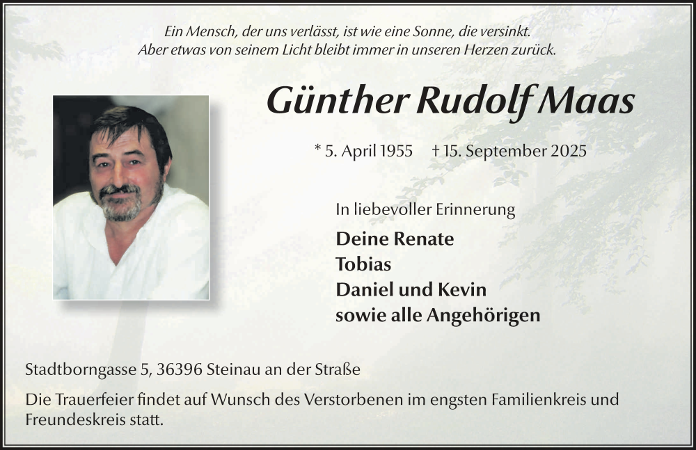  Traueranzeige für Günther Rudolp Maas vom 20.09.2025 aus FZ