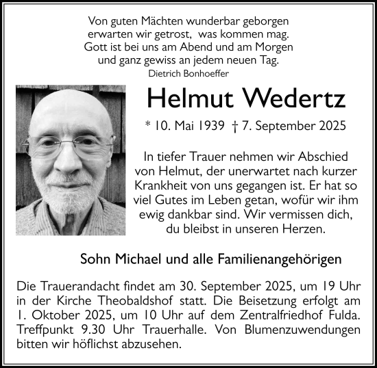 Traueranzeige von Helmut Wedertz von FZ