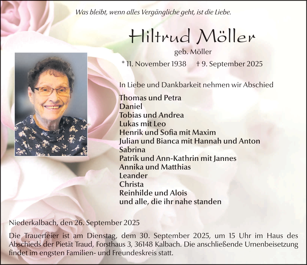  Traueranzeige für Hiltrud Möller vom 26.09.2025 aus FZ