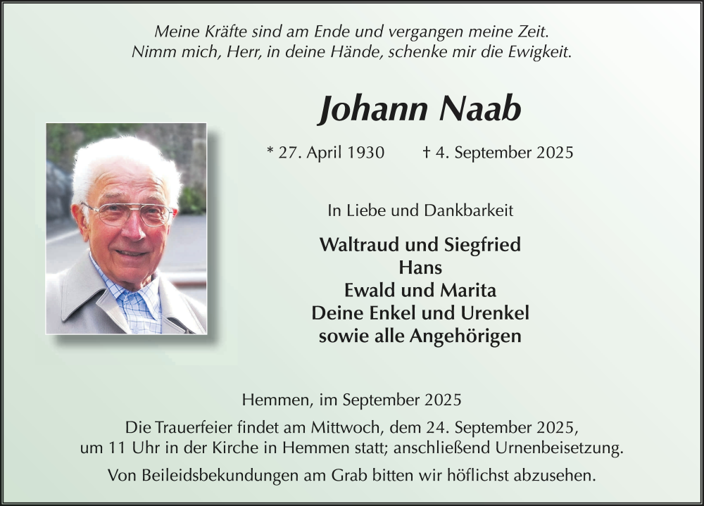  Traueranzeige für Johann Naab vom 20.09.2025 aus FZ