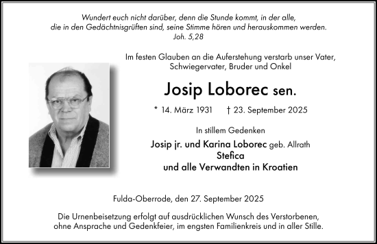 Traueranzeige von Josip Loborec von FZ