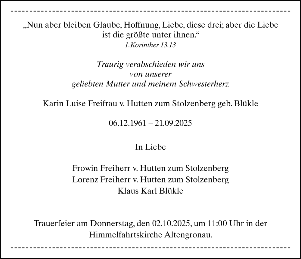  Traueranzeige für Karin Luise Freifrau v. Hutten zum Stolzenberg vom 27.09.2025 aus FZ