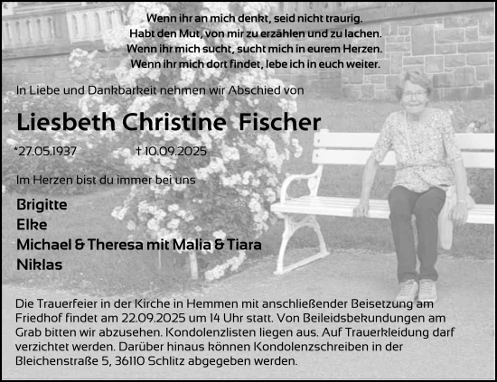 Traueranzeige von Liesbeth Christine Fischer von FZ