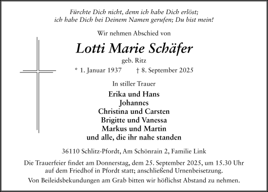 Traueranzeige von Lotti Marie Schäfer von FZ
