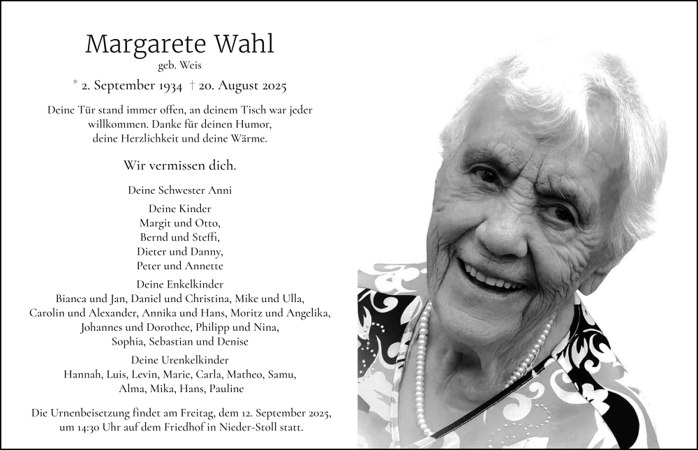  Traueranzeige für Margarete Wahl vom 06.09.2025 aus FZ