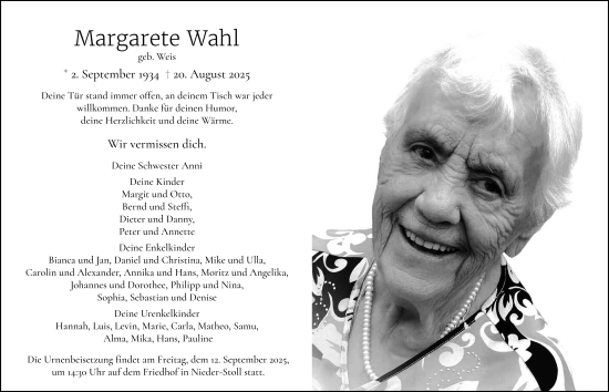 Traueranzeige von Margarete Wahl von FZ