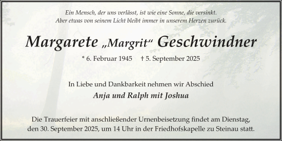 Traueranzeige von Margrit Geschwindner von FZ