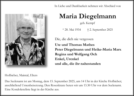 Traueranzeige von Maria Diegelmann von FZ