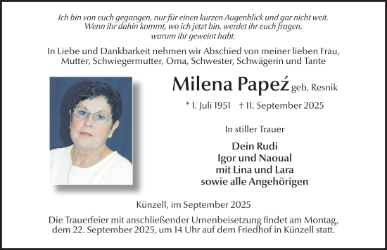 Traueranzeige von Milena Papez von FZ