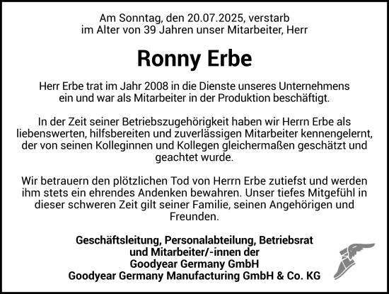 Traueranzeige von Ronny Erbe von FZ
