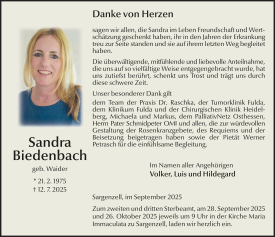 Traueranzeige von Sandra Biedenbach von FZ