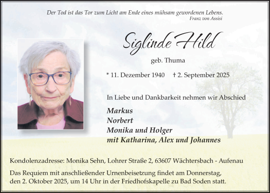 Traueranzeige von Siglinde Hild von FZ