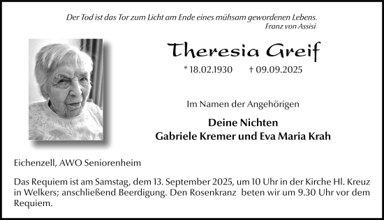 Traueranzeige von Theresia Greif von FZ