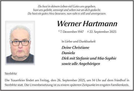 Traueranzeige von Werner Hartmann von FZ