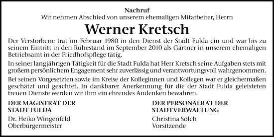 Traueranzeige von Werner Kretsch von FZ