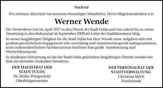 Traueranzeige von Werner Wende von FZ