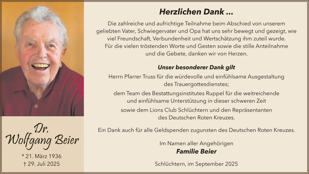  Traueranzeige für Wolfgang Beier vom 13.09.2025 aus FZ