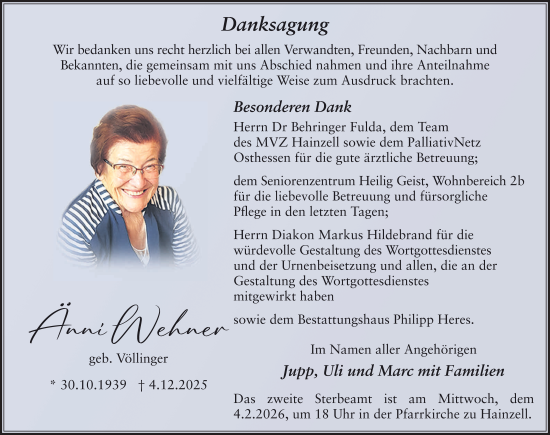 Traueranzeige von Änni Wehner von FZ