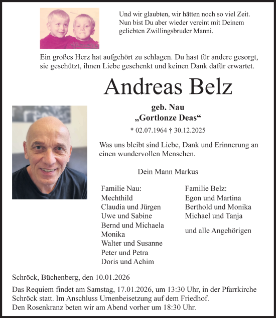 Traueranzeige von Andreas Belz von FZ